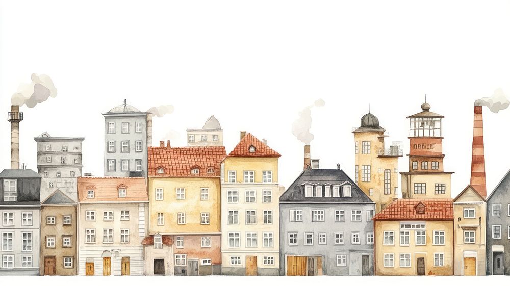 German city buildings architecture illustration watercolor.