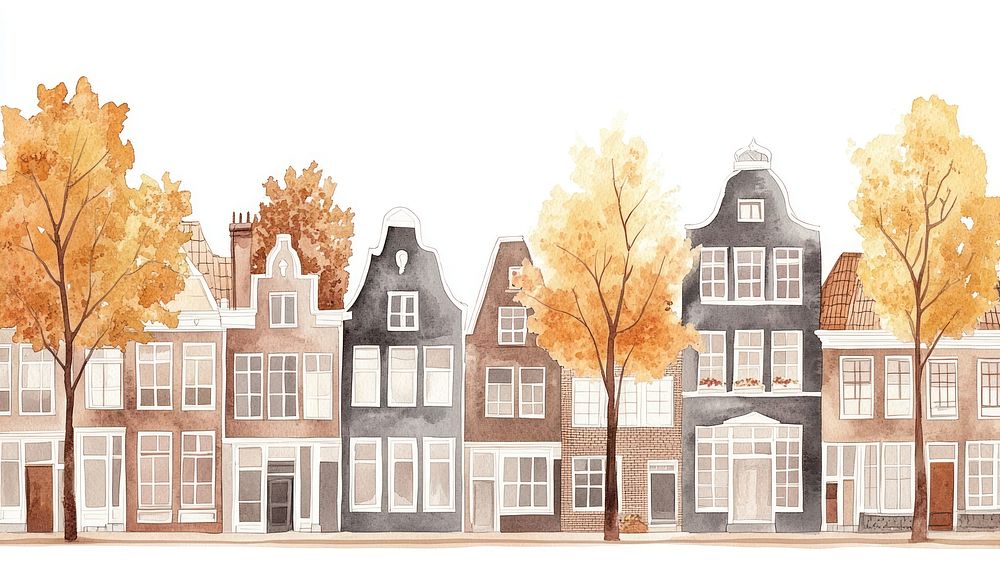 Dutch townhouses architecture illustration watercolor.