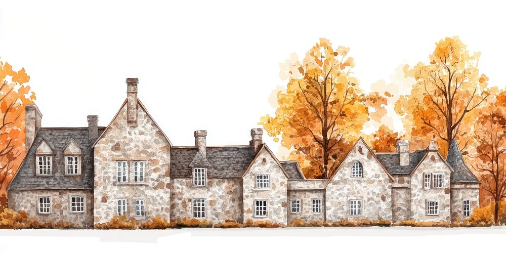 English stone castle architecture illustration autumn.