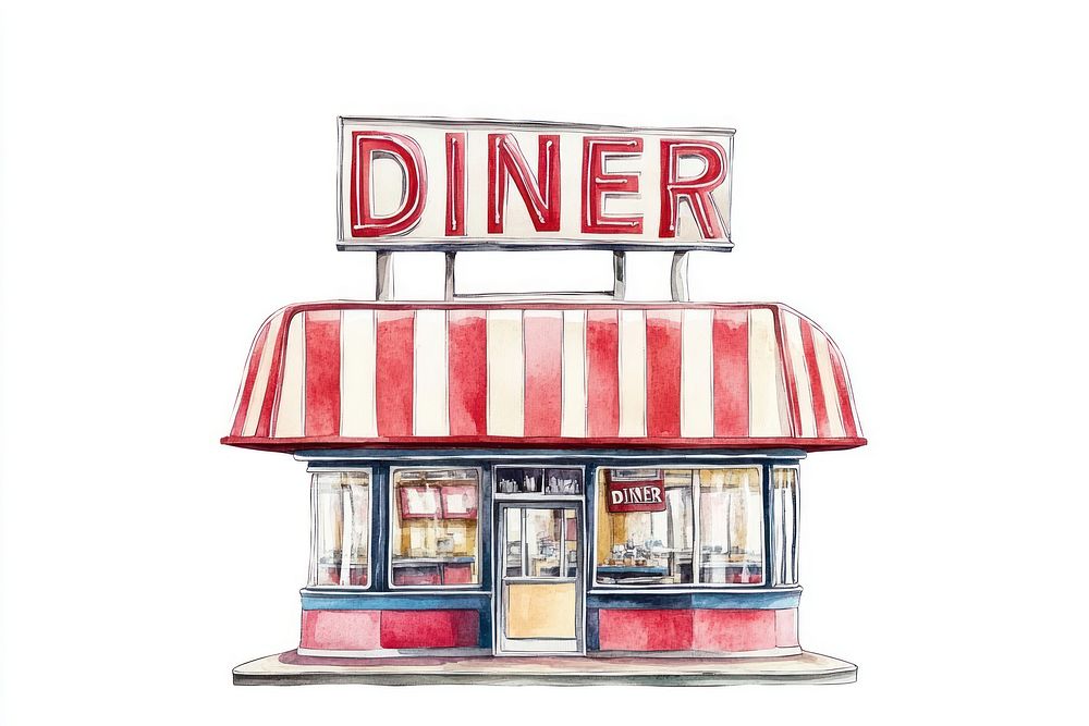 American retro diner restaurant illustration watercolor american.