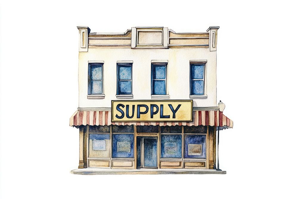 American retail building illustration watercolor supply.