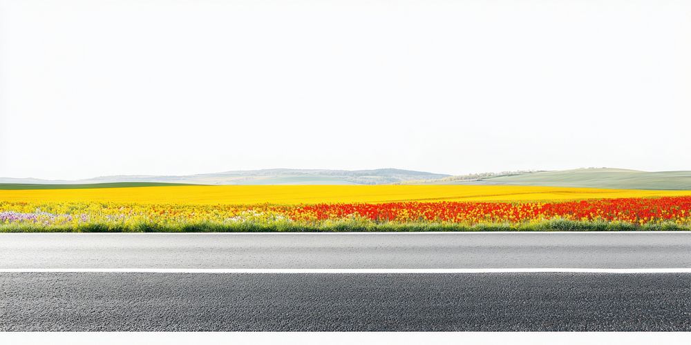 Real asphalt road landscape colorful flowers.