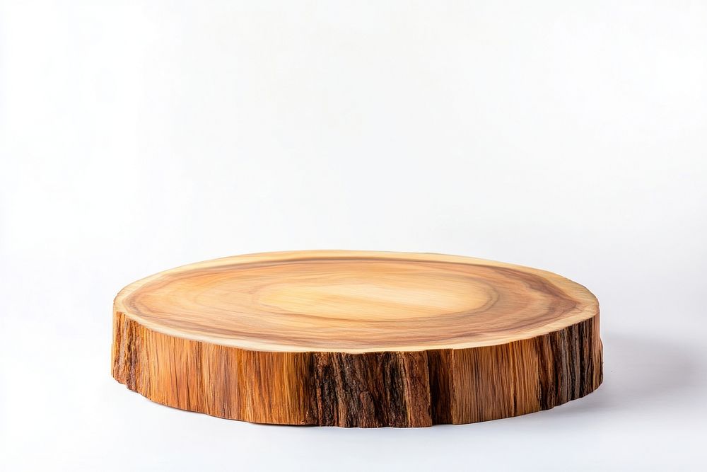 Circle wooden podium with bark wood slabs tree furniture natural.