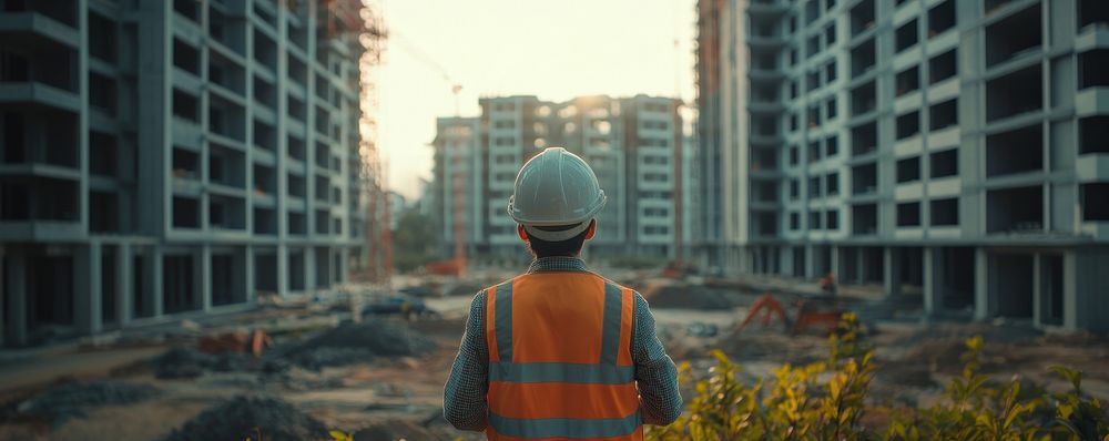 Construction site with worker observing.