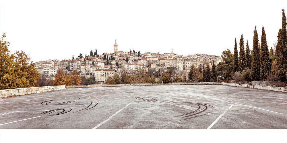 Vintage cityscape buildings parking urban.