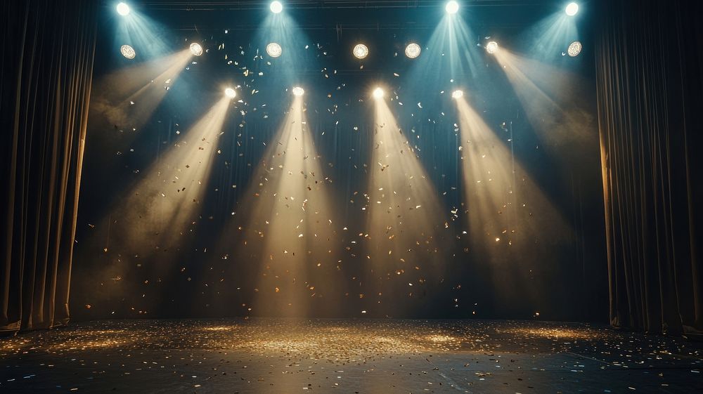 Spotlights illuminate empty stage.