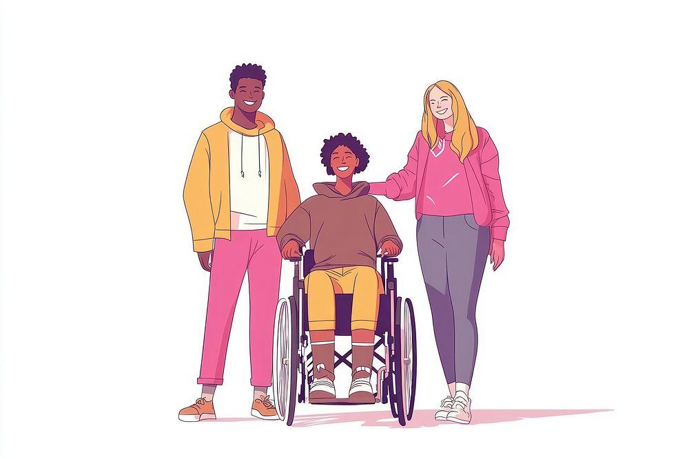 Diverse group of 2 people standing together with a person in a wheelchair diversity clothing friends.