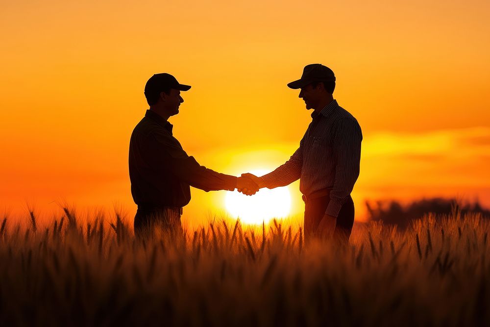 Two farmers shake hands sunset field collaboration.