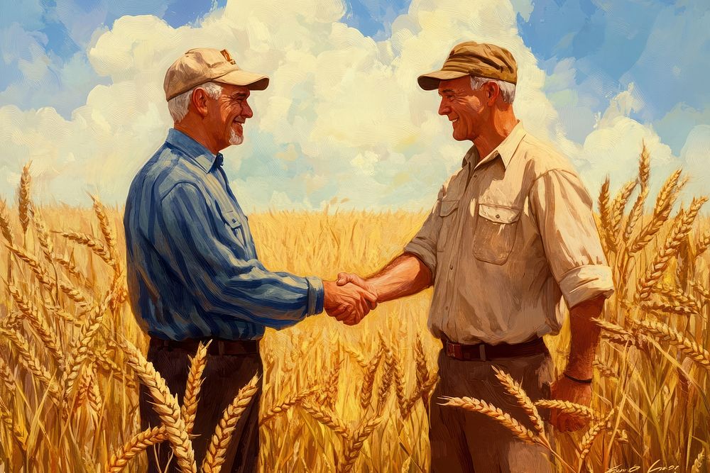 Two farmers shake hands field wheat harvest.