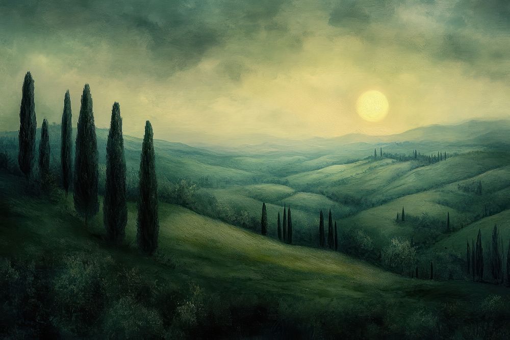 Night green hills painting trees landscape.