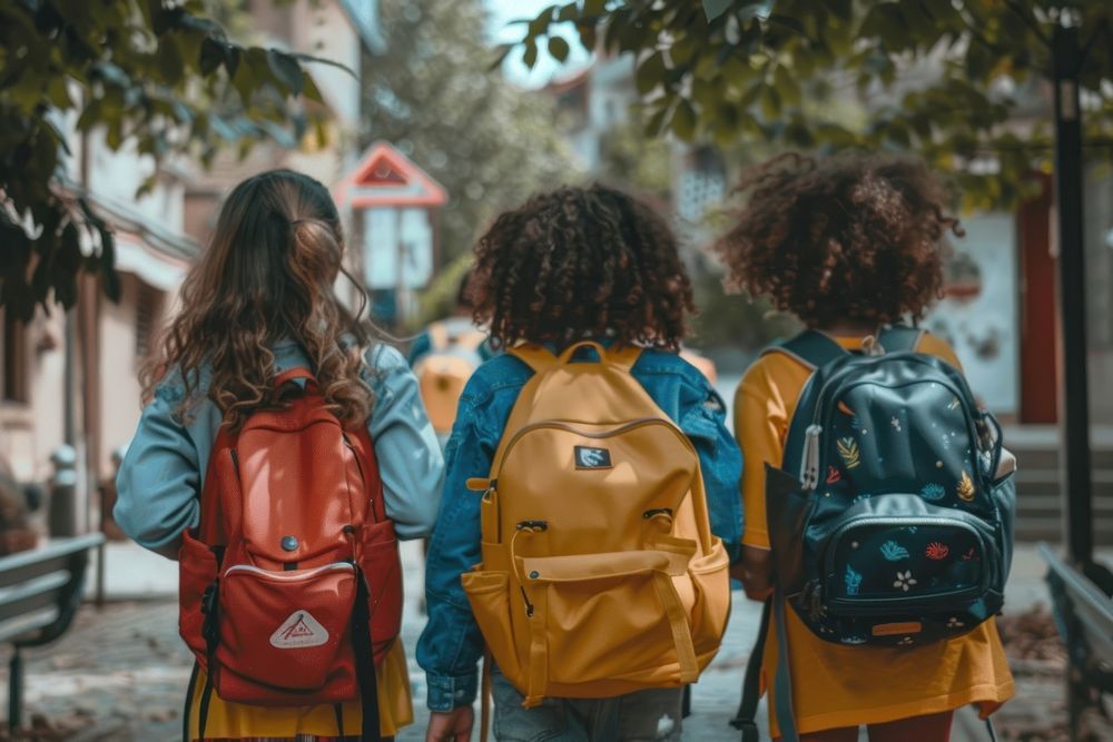 Children walking together backpacks friends school.