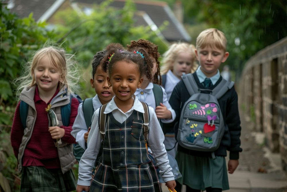 Young children walking together photography backpacks outdoors.