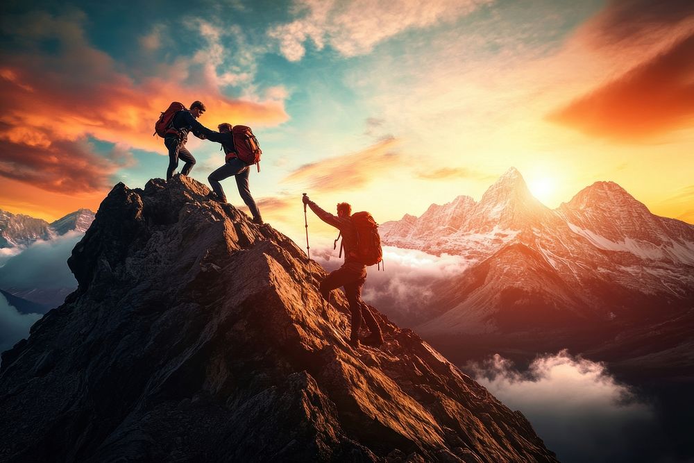 Hikers assisting each other in reaching the summit mountain peak photography.