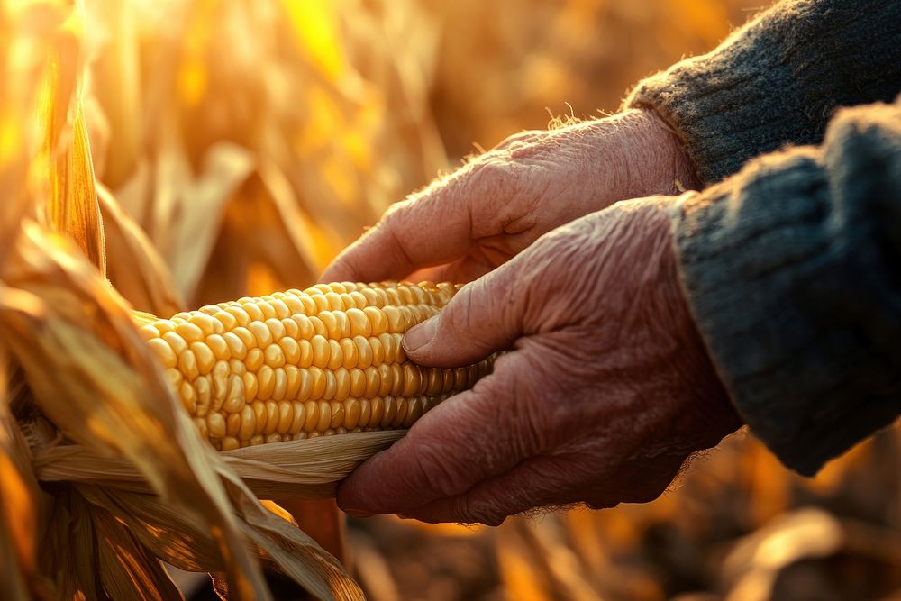 Senior farmer inspecting a corn hands agriculture harvesting.