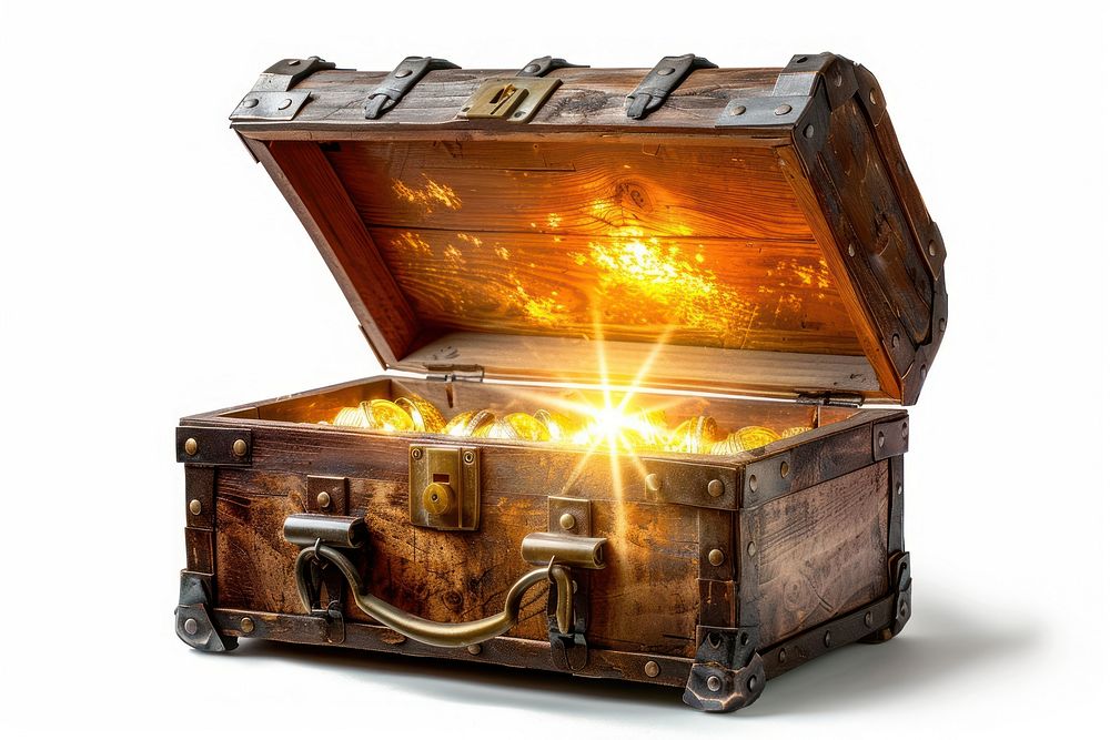 Open wooden chest treasure glowing light.