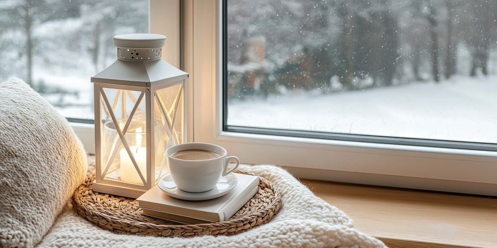 Cozy winter home window blanket lantern.