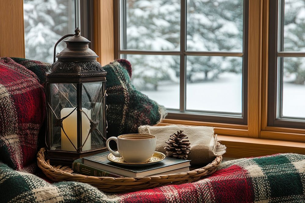 Cozy winter home window coffee lantern.