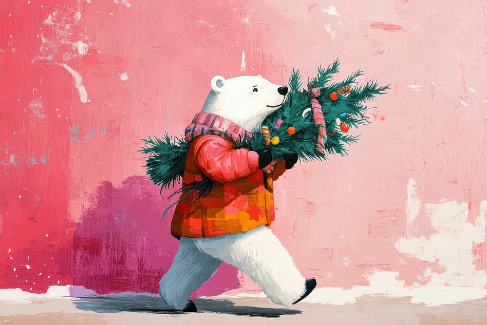 Polar bear carrying a christmas tree illustration clothing cute.