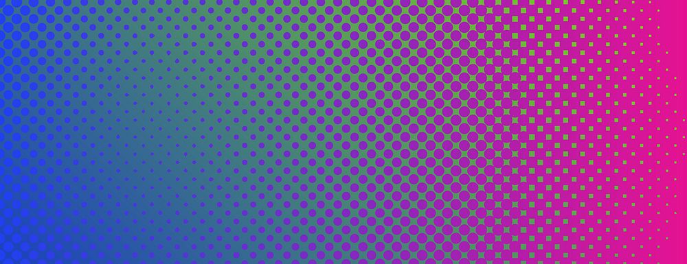 Vibrant gradient background with blue, green, and pink hues. Background features halftone dotted pattern, blending blue and…