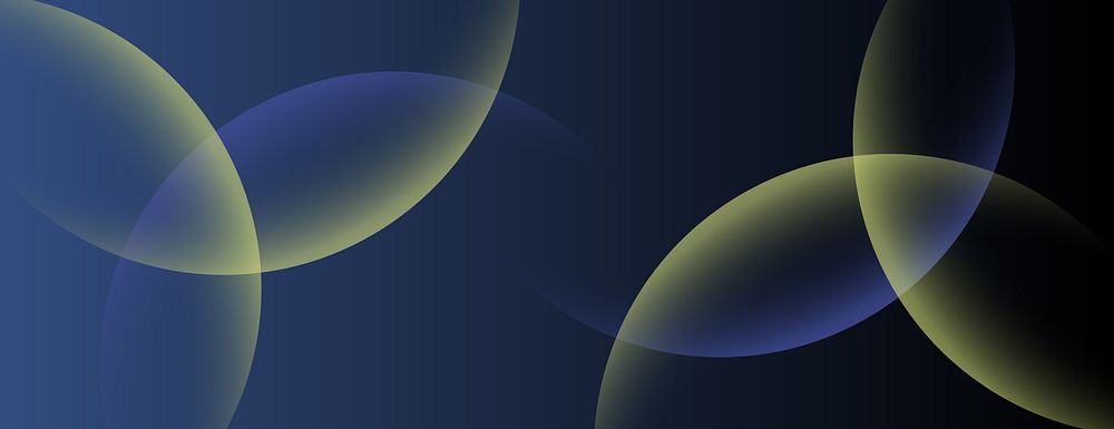 Abstract background with overlapping circles on a dark blue background. The blue and yellow hues create a smooth, gradient…