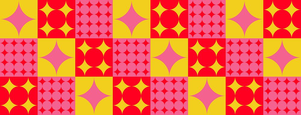 Geometric background with red and yellow patterns. The background features red and yellow circles and stars, creating a…