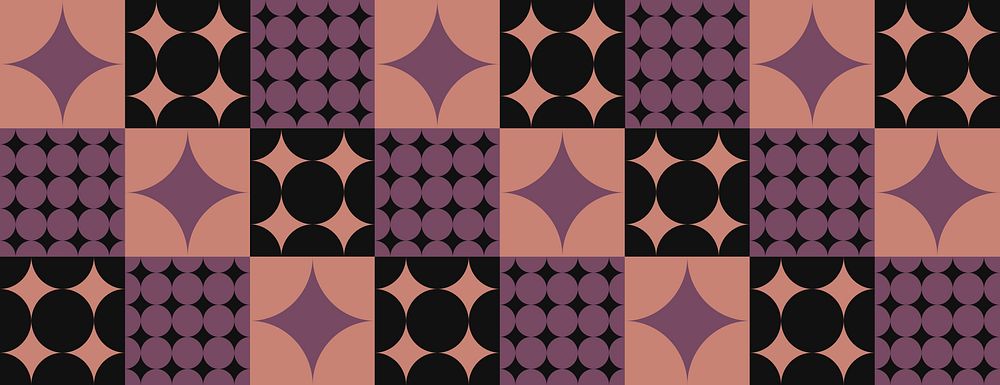 Geometric background with purple and black patterns. The background features a tiled design with purple and black circular…