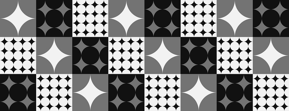 Geometric background with black, white, and gray patterns. The background features a retro, tiled style with bold black and…