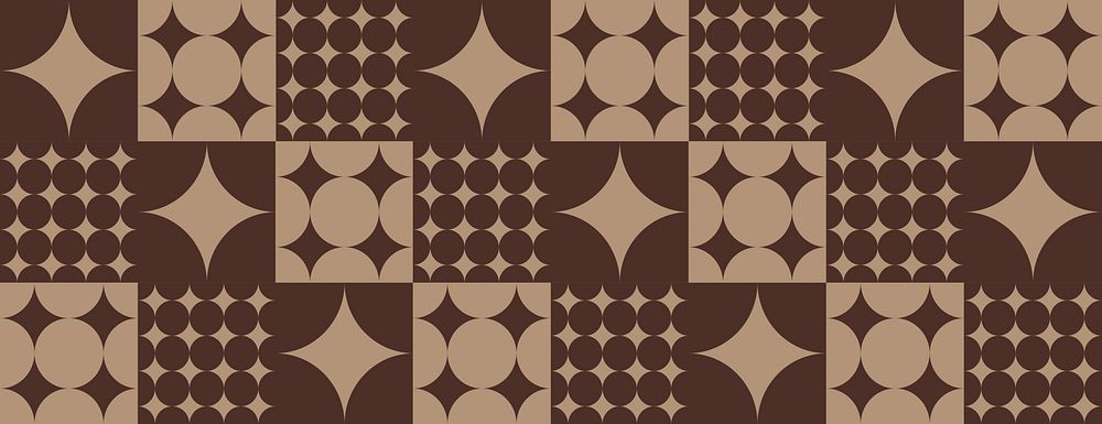 Retro geometric background with brown and beige patterns. The background features brown and beige circles and stars in a…