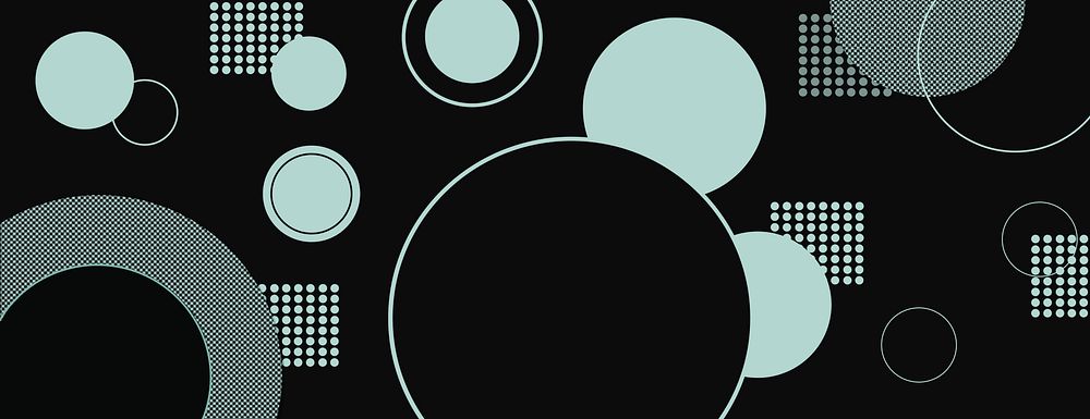 Retro background with black background, featuring teal circles and dots. Teal and black background with a vintage, geometric…