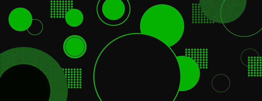 Abstract background with green circles and dots on a black background. Modern, geometric background with green and black…