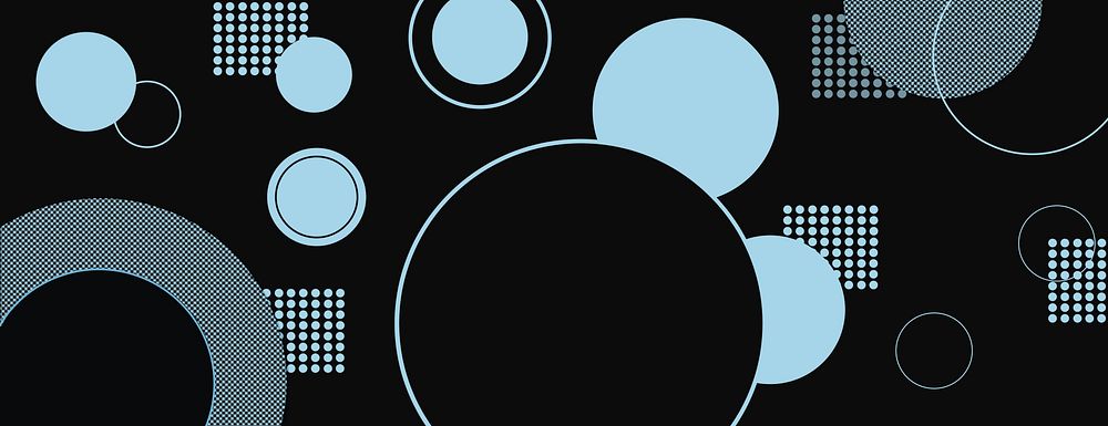 Abstract background with a black background featuring blue circles and dotted patterns. Blue and black background with a…