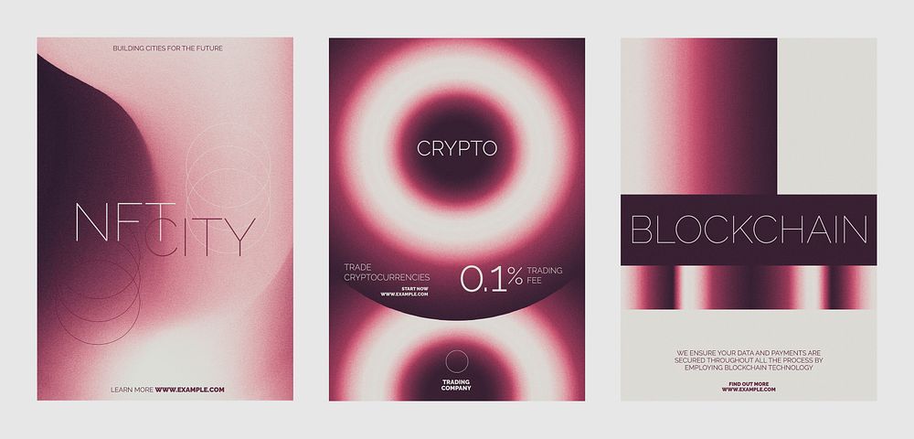 Futuristic crypto-themed poster designs. Modern abstract business finance poster template set. Red gradient design. Set of…