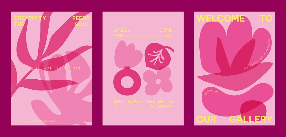 Set of abstract pink and red botanical vector designs. Floral patterns with leaves and flowers. Modern art with pink tones.…