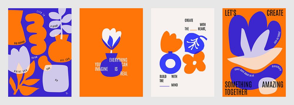 Cute and colorful, retro quote poster templates. Abstract floral posters with bold colors, orange and blue flowers. Floral…