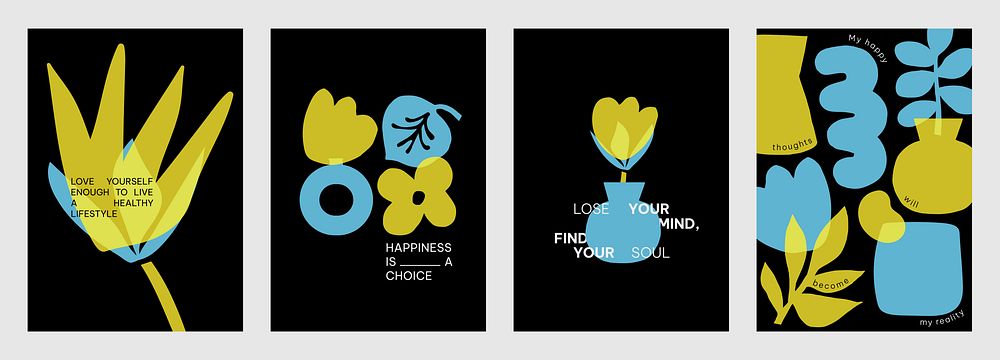 Colorful abstract designs with yellow and blue vector shapes. Positive quotes vector posters. Vibrant art with blue and…