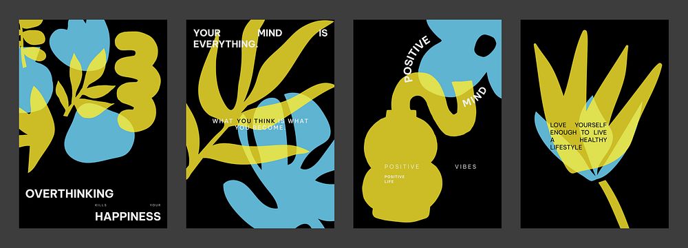 Abstract design with bold shapes and colors. Positive, overthinking, happiness themes. Vibrant yellow, blue, and black.…