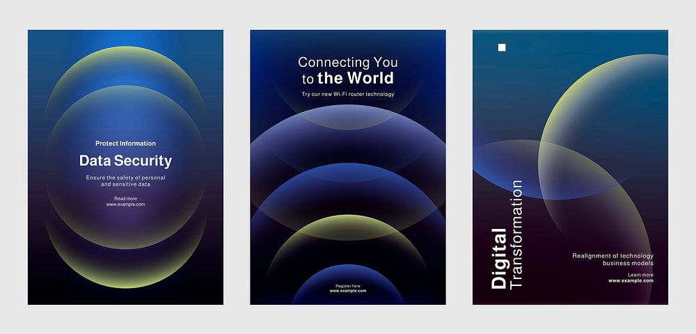 Modern technology-themed poster set, showcasing data analytics, and innovation. Set of poster templates in blue gradient…