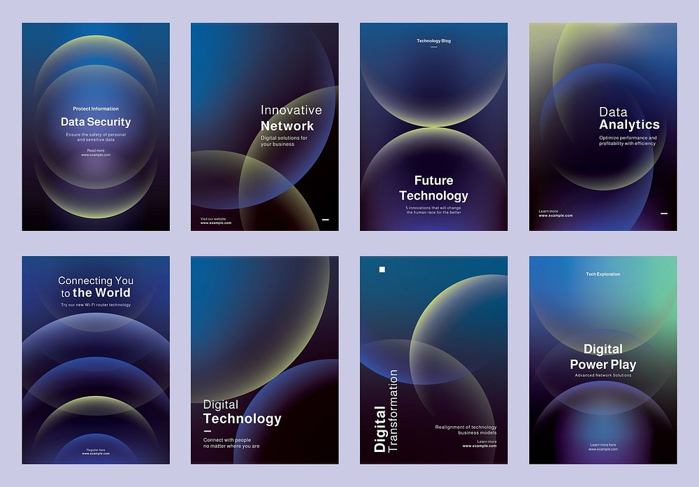 Set of modern technology-themed posters, showcasing digital data analytics, and innovation. Set of poster templates in blue…