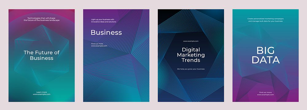 Set of business posters with abstract geometric designs. Businesss digital marketing, big data, and future trends. Vibrant…