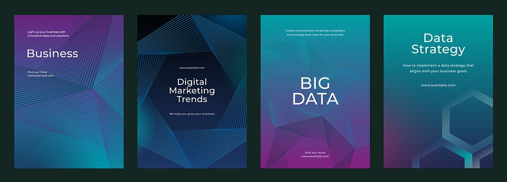 Set of business posters with digital marketing, big data, and data strategy themes. Modern design with geometric patterns…