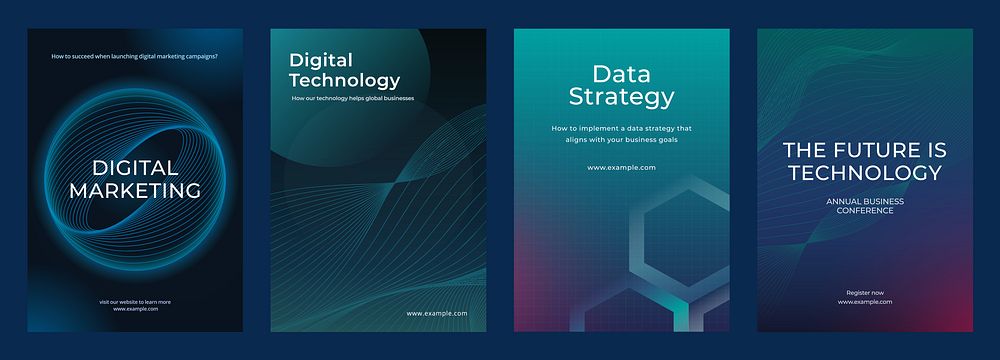 Set of digital marketing and technology posters. Highlighting digital technology, data strategy, and future technology.…