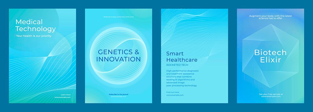 Medical technology posters. Medical technology, genetics, innovation, healthcare, biotech. Blue tones with abstract designs.…