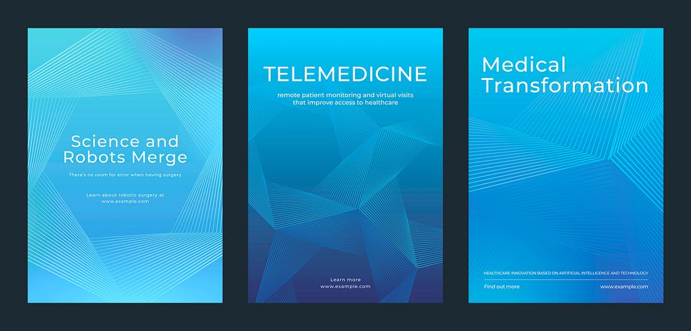 Blue medical posters with abstract geometric designs. Telemedicine, science, and robots merge. Medical transformation. Blue…