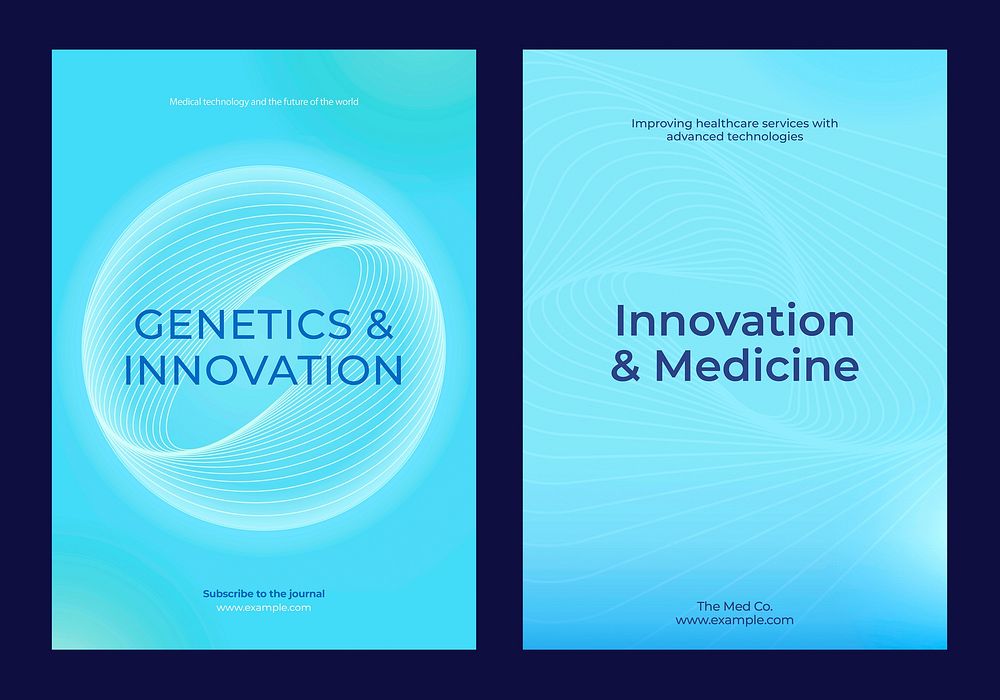 Blue-themed posters highlight genetics, innovation, and medicine. Emphasizing advanced technologies, genetics, and…