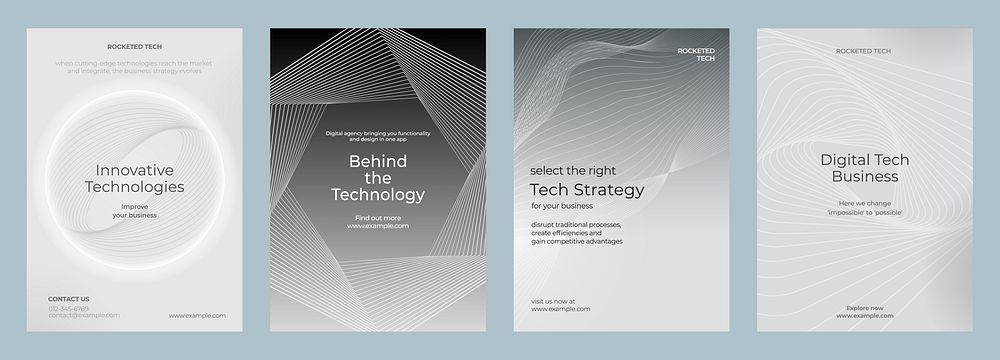 Tech-themed posters with abstract designs. Innovative technology, tech strategy, and digital business concepts in grayscale.…