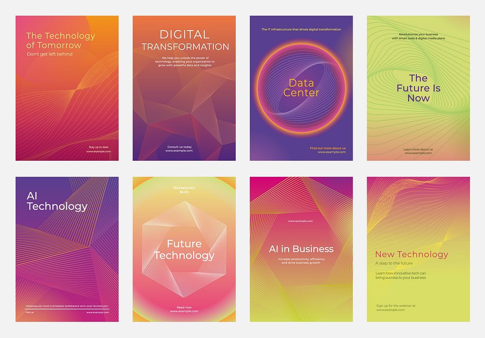 Colorful technology posters with futuristic designs. Highlighting digital transformation, AI, and future technology. Vibrant…