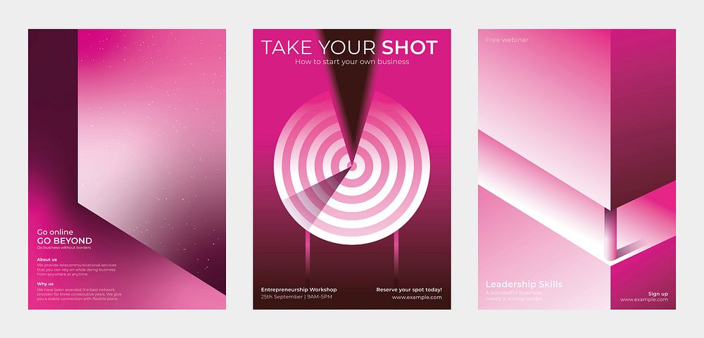 Three pink-themed business posters. Pink gradients, pink targets, and pink geometric shapes dominate. Ideal for business…