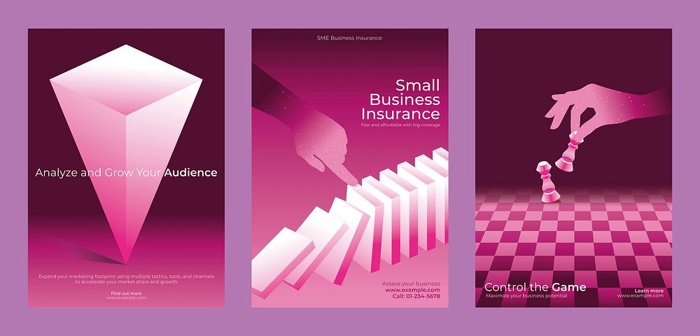 Three pink-themed posters: audience analysis, business insurance, strategic control. Features geometric shapes, domino…