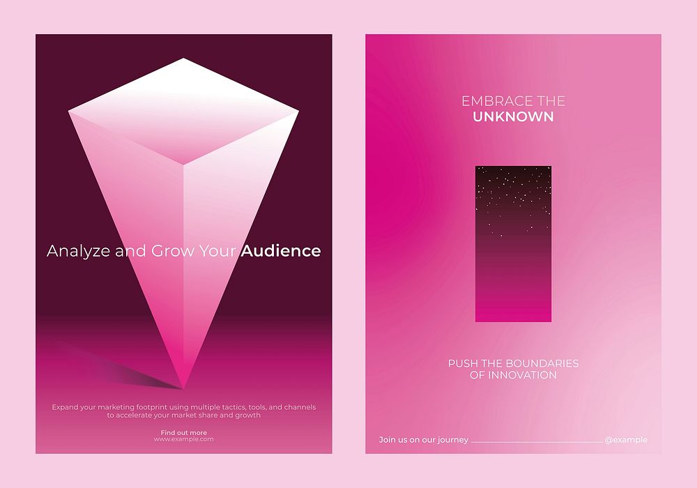 Pink geometric design with text promoting audience growth and innovation. Embrace the unknown, push boundaries, and analyze…