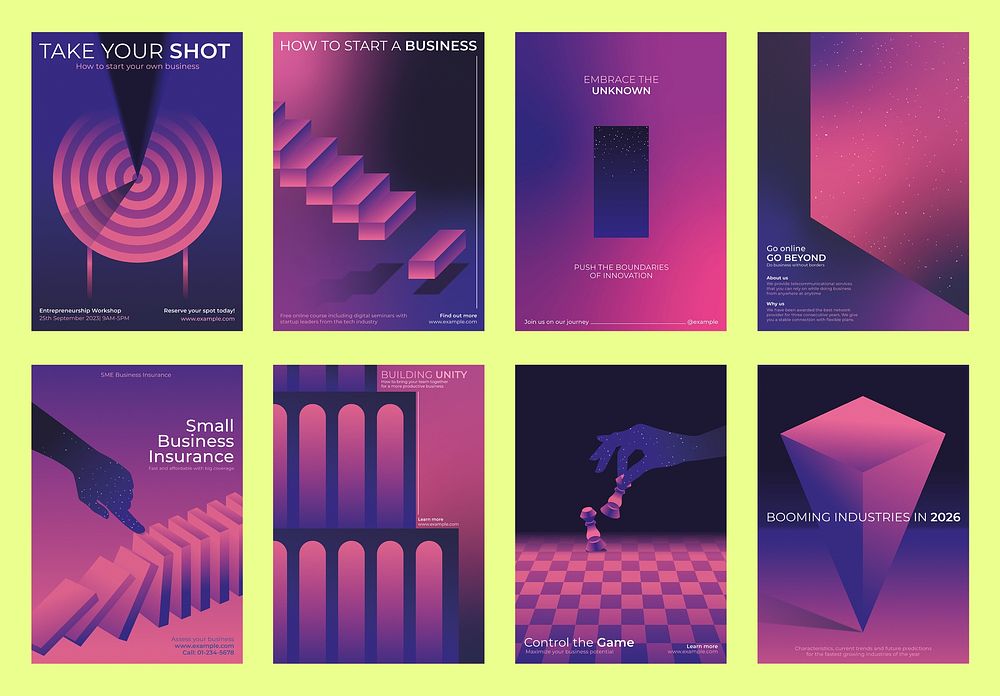 Futuristic business posters with vibrant purple and pink gradients. Themes include entrepreneurship, innovation, and growth.…